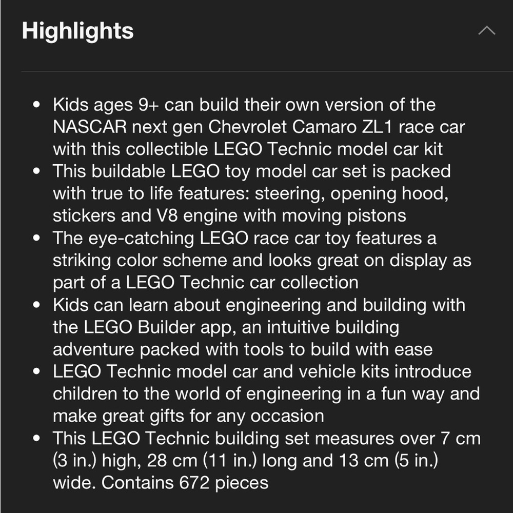 LEGO Technic NASCAR Next Gen Chevrolet Camaro ZL1 NWT - Picture 4 of 8